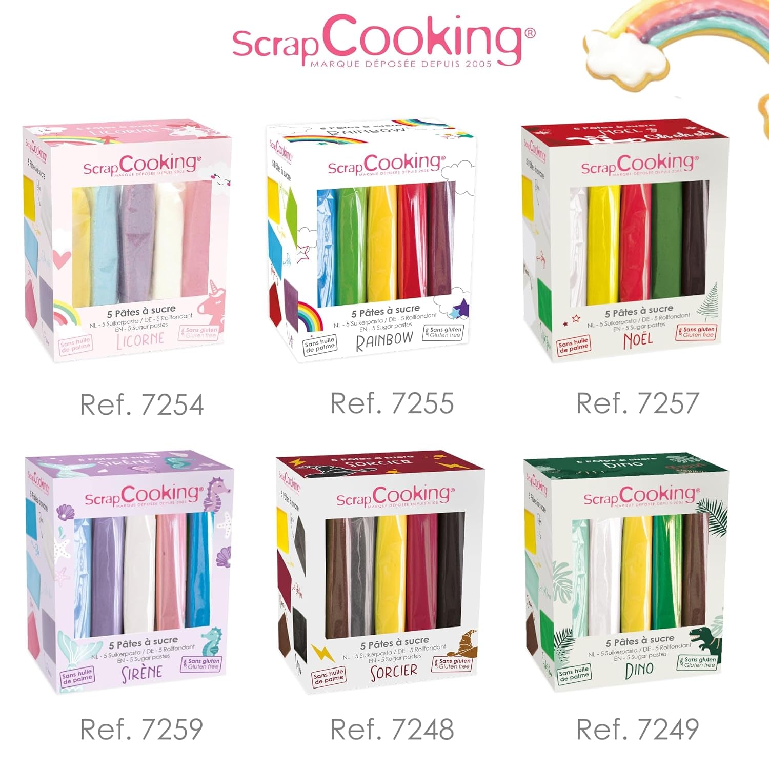 ScrapCooking - Sæt med 5 Fondant - hvid, gul, rød, grøn og brun - 5 x 80g - sukkerpasta til kager Kagepynt Fødselsdagsjul - glutenfri og palmeoliefri - 7257 Naty Shop Sugarpaste