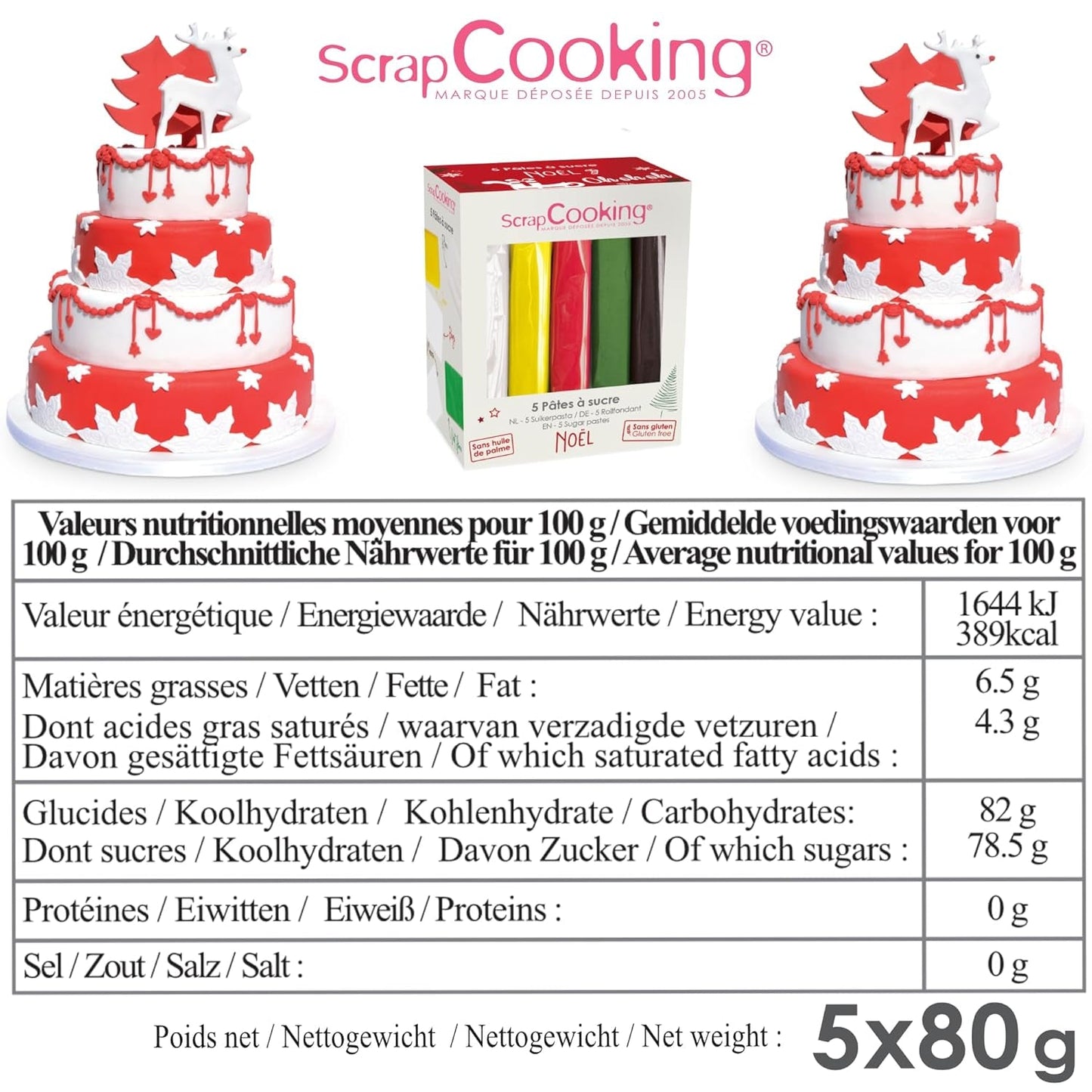 ScrapCooking - Sæt med 5 Fondant - hvid, gul, rød, grøn og brun - 5 x 80g - sukkerpasta til kager Kagepynt Fødselsdagsjul - glutenfri og palmeoliefri - 7257 Naty Shop Sugarpaste