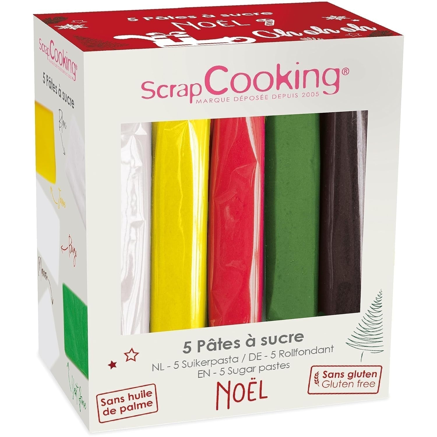 ScrapCooking - Sæt med 5 Fondant - hvid, gul, rød, grøn og brun - 5 x 80 g - sukkerpasta til kager Kagepynt Fødselsdag Jul - gluten- og palmeoliefri - 7257 Sugarpaste Naty Shop Standardtitel