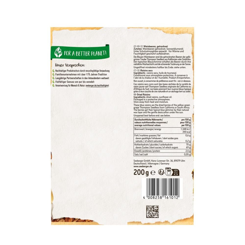Seeberger Blue Sultanas 13 Pack: Søde og saftige Thompson Grape Sultanas uden kerner - til bagning, madlavning og snacks - Soltørret - Usvovlede, veganske (13 x 200 g) Naty Shop Dehydrerede produkter