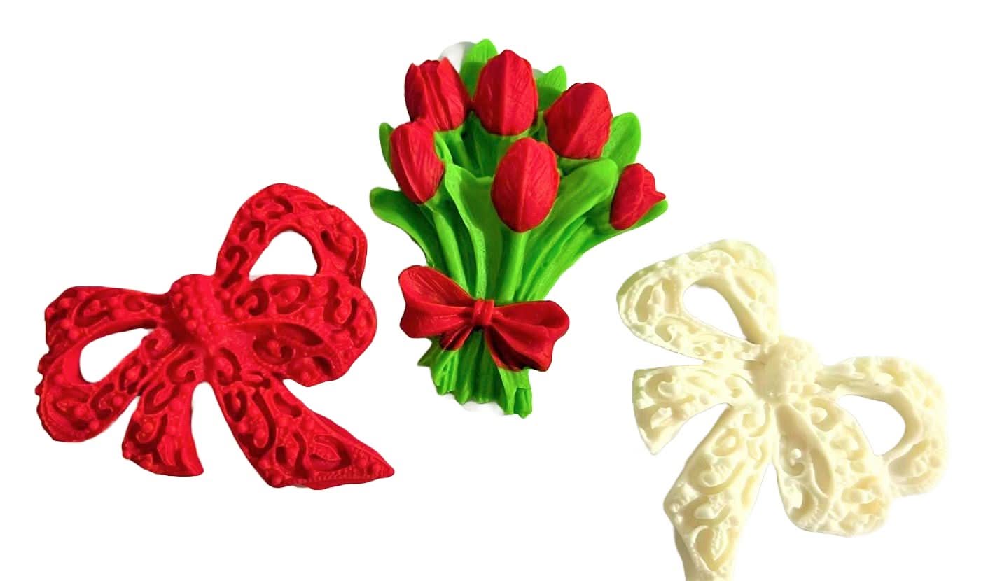 Sæt med 3 spiselige sukkerpynt, Buket tulipaner og sløjfer Dekorationer fra Sugar Paste Nati Shop