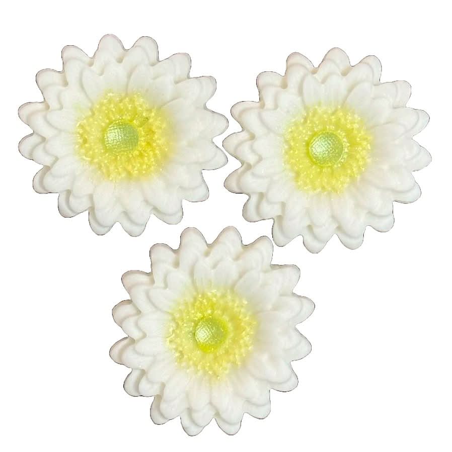 Sæt med 3 spiselige sukkerpynt, hvide Gerbera-dekorationer fra Sugar Paste Nati Shop