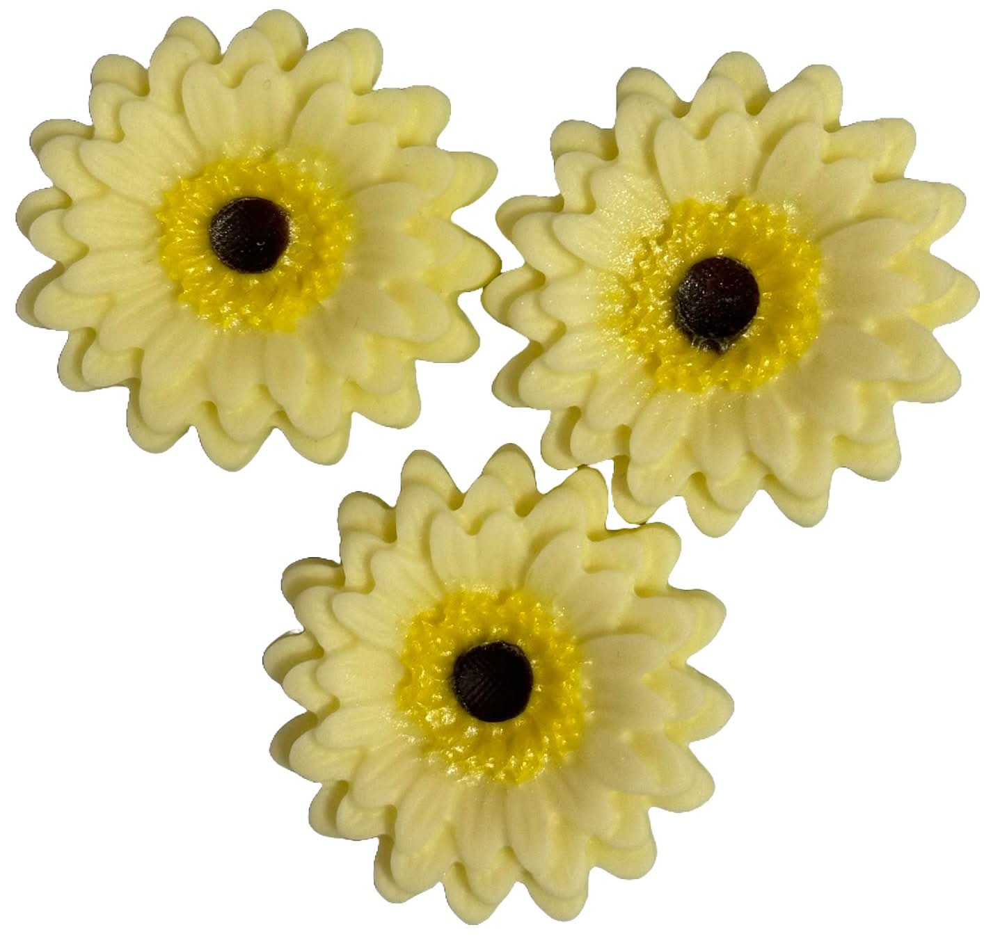 Sæt med 3 spiselige sukkerpynt, lysegul Gerbera Decorations fra Sugar Paste Nati Shop