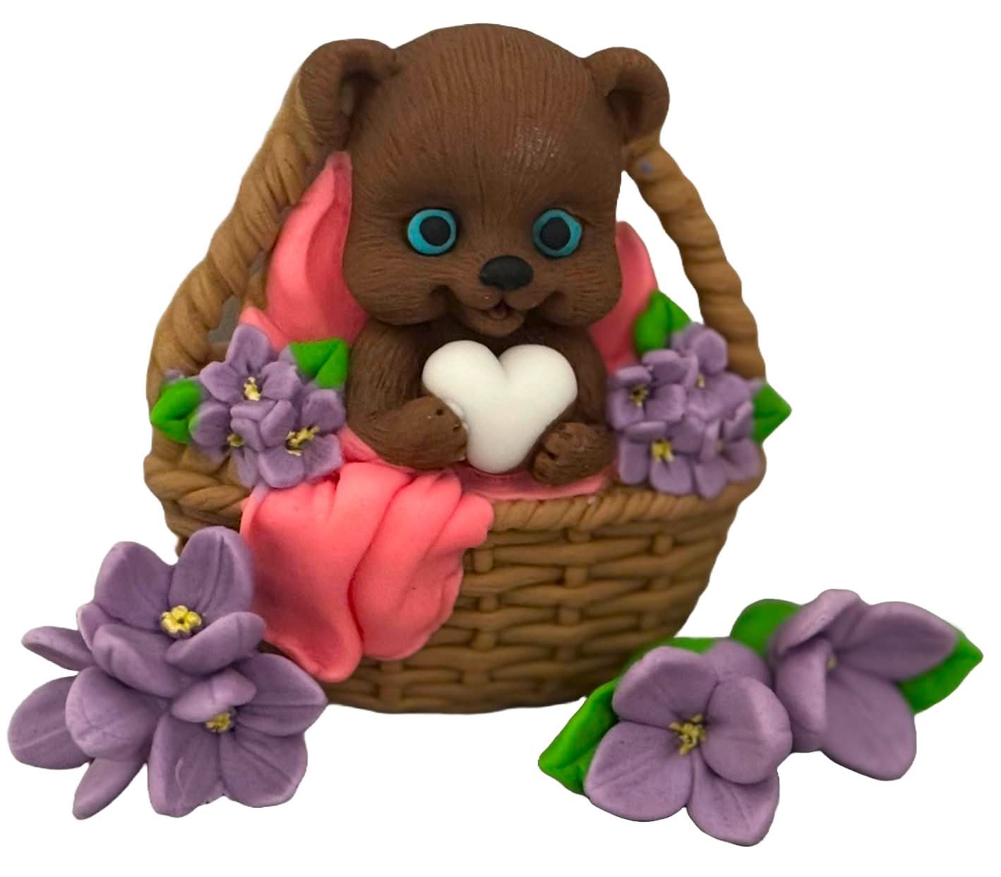 Sæt med 4 spiselige sukkerpynt, bamse i kurv Dekorationer fra Sugar Paste Nati Shop