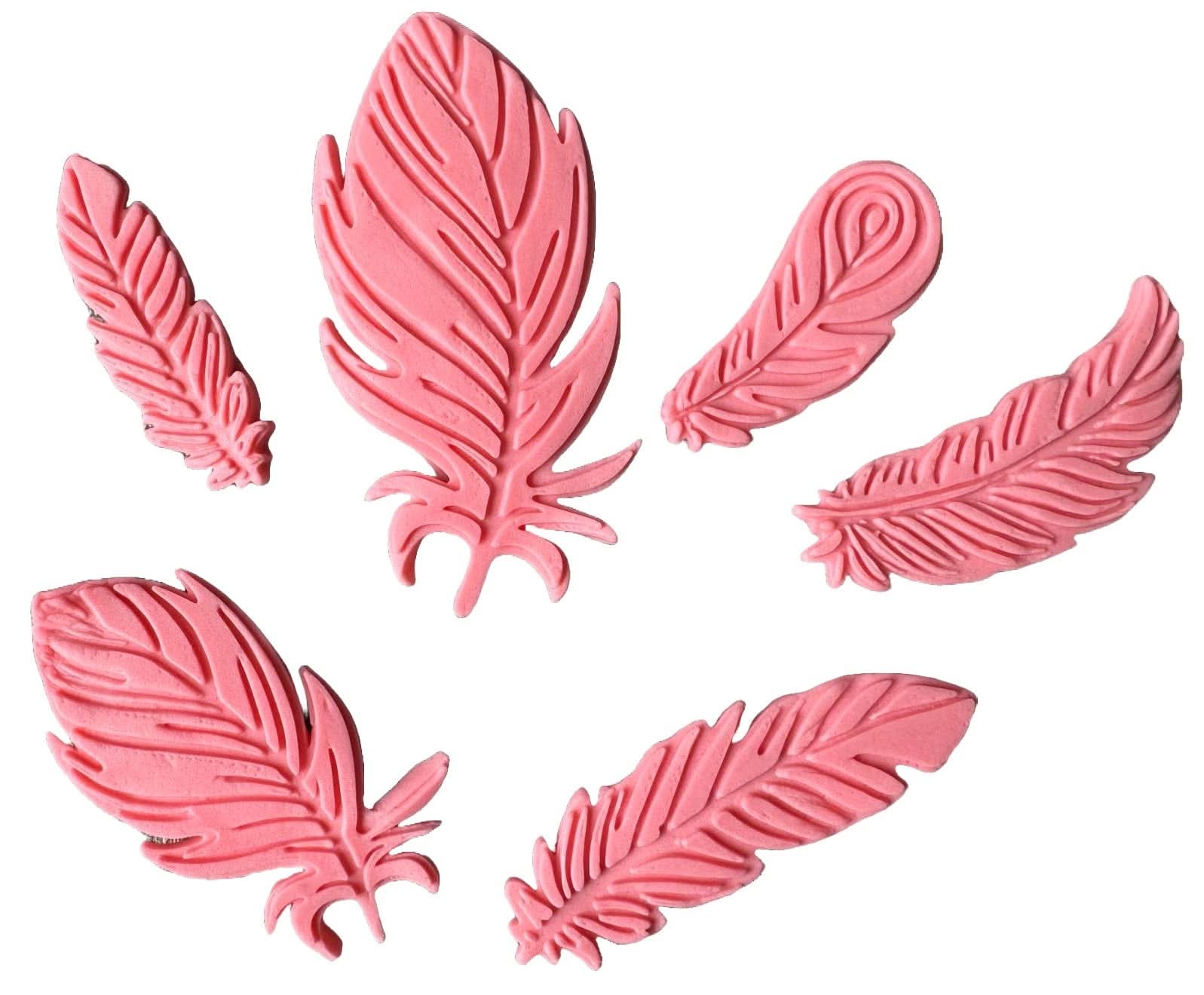 Sæt med 6 spiselige sukkerdekorationer, Pink Feathers Sugar Paste Decorations Nati Shop