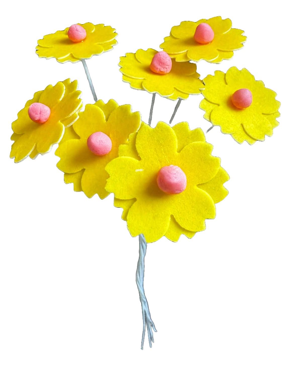 Sæt med 7 spiselige dekorationer fra oblater, Gule blomster Dekorationer fra Sugar Paste Nati Shop