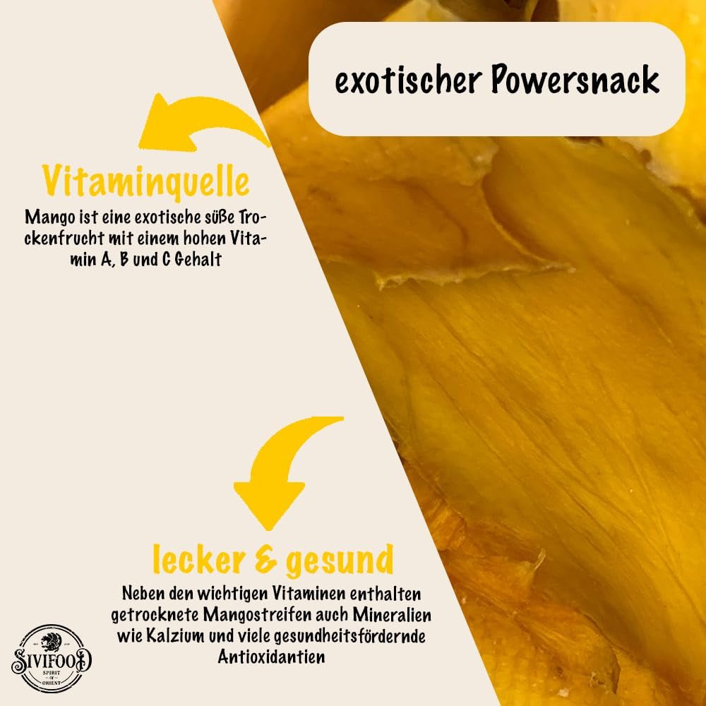 SIVIFOOD tørret mango 1 kg - tørret mango strimler eksotisk tørret frugt usvovlet uden tilsat sukker naturlig naturlig vegansk rig på vitaminer tørret mango vitaminiseret frugt snack 1000g Dehydrerede produkter Naty Shop