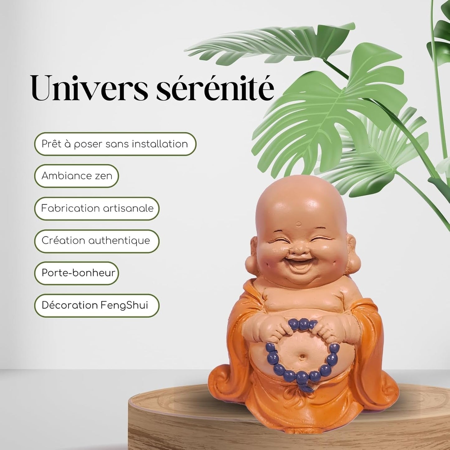 Leende Buddha-statue med rosenkrans - Inspirerende og munter figur - Heldig talisman fuld af positivitet - Sød og spirituel gaveidé - -H 10 cm - Zen'Light Statuer og skulpturer Naty Shop
