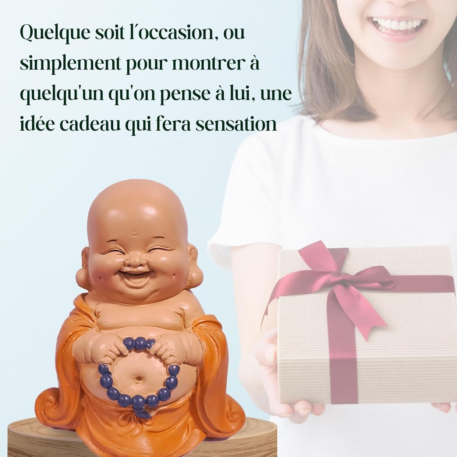 Leende Buddha-statue med rosenkrans - Inspirerende og munter figur - Heldig talisman fuld af positivitet - Sød og spirituel gaveidé - -H 10 cm - Zen'Light Statuer og skulpturer Naty Shop