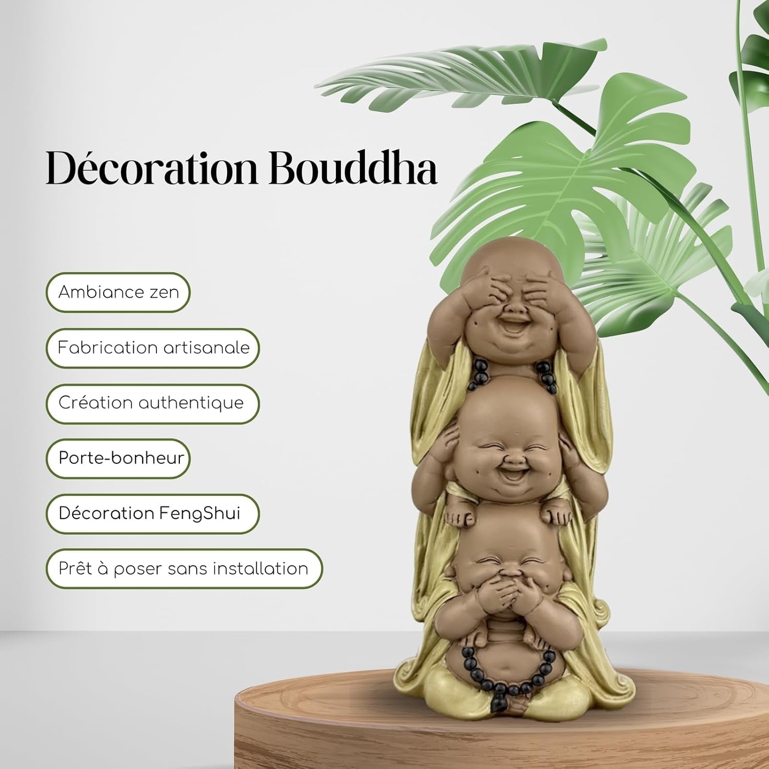 Statue 3 Laughing Buddhas - Se ingenting - Hør ingenting - Sig ingenting - Baby Buddha Symbolsk ensemble - Fredfyldt og glad stemning - Zen-indretning -H 18 cm - Zen'Light Statuetter og skulpturer Naty Shop
