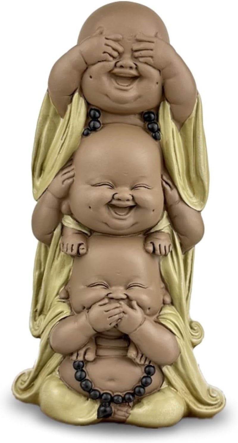 Statue 3 Laughing Buddhas - Se ingenting - Hør ingenting - Sig ingenting - Baby Buddha Symbolsk ensemble - Fredfyldt og glad stemning - Zen indretning -H 18 cm - Zen'Light Statuetter og skulpturer Naty Shop Brun Beige H 18