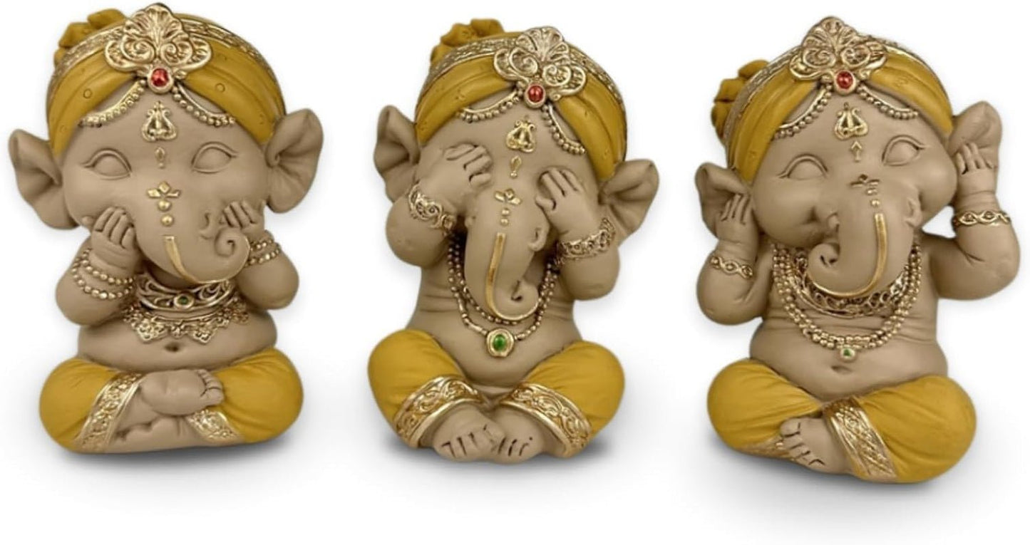 Statue 3 Laughing Buddhas - Se ingenting - Hør ingenting - Sig ingenting - Baby Buddha Symbolsk ensemble - Fredfyldt og glad stemning - Zen-indretning -H 18 cm - Zen'Light Statuetter og skulpturer Naty Shop Gyldengul H 9