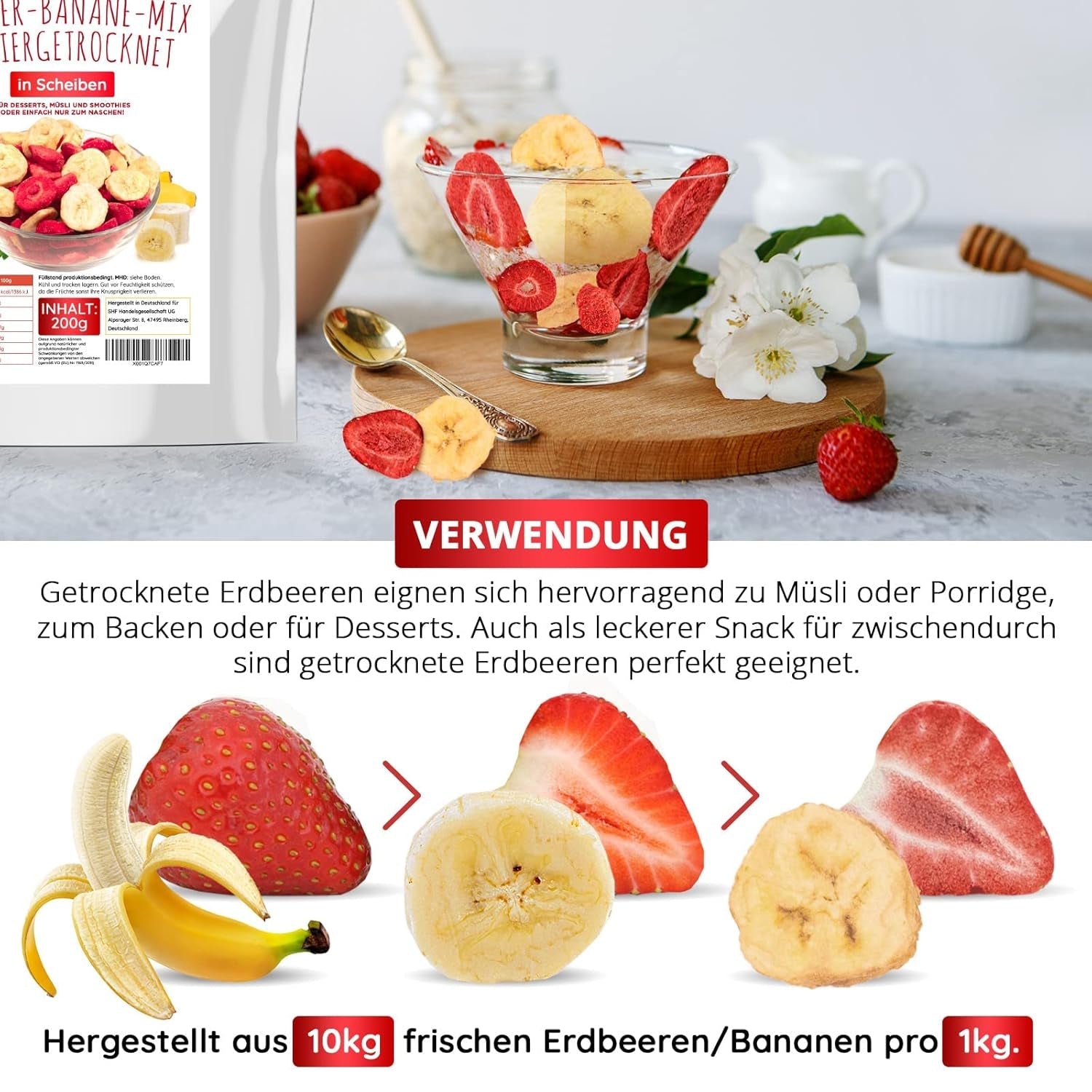 Jordbær-banan mix 200g - frysetørrede jordbær og frysetørrede bananer som en lækker snack i en pose Dehydrerede produkter Naty Shop