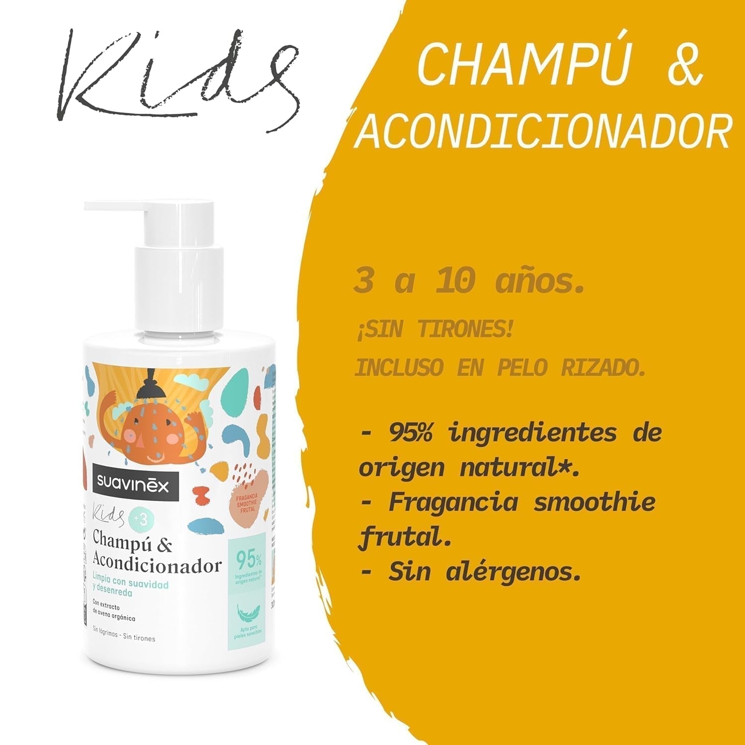 Suavinex, plejeshampoo til børn fra 3 til 10 år, allergenfri, parabenefri, silikonefri, velegnet til følsom hud, ingen tårer eller træk, 95% ingredienser af naturlig oprindelse, Børn - Bad og hudpleje Naty Shop