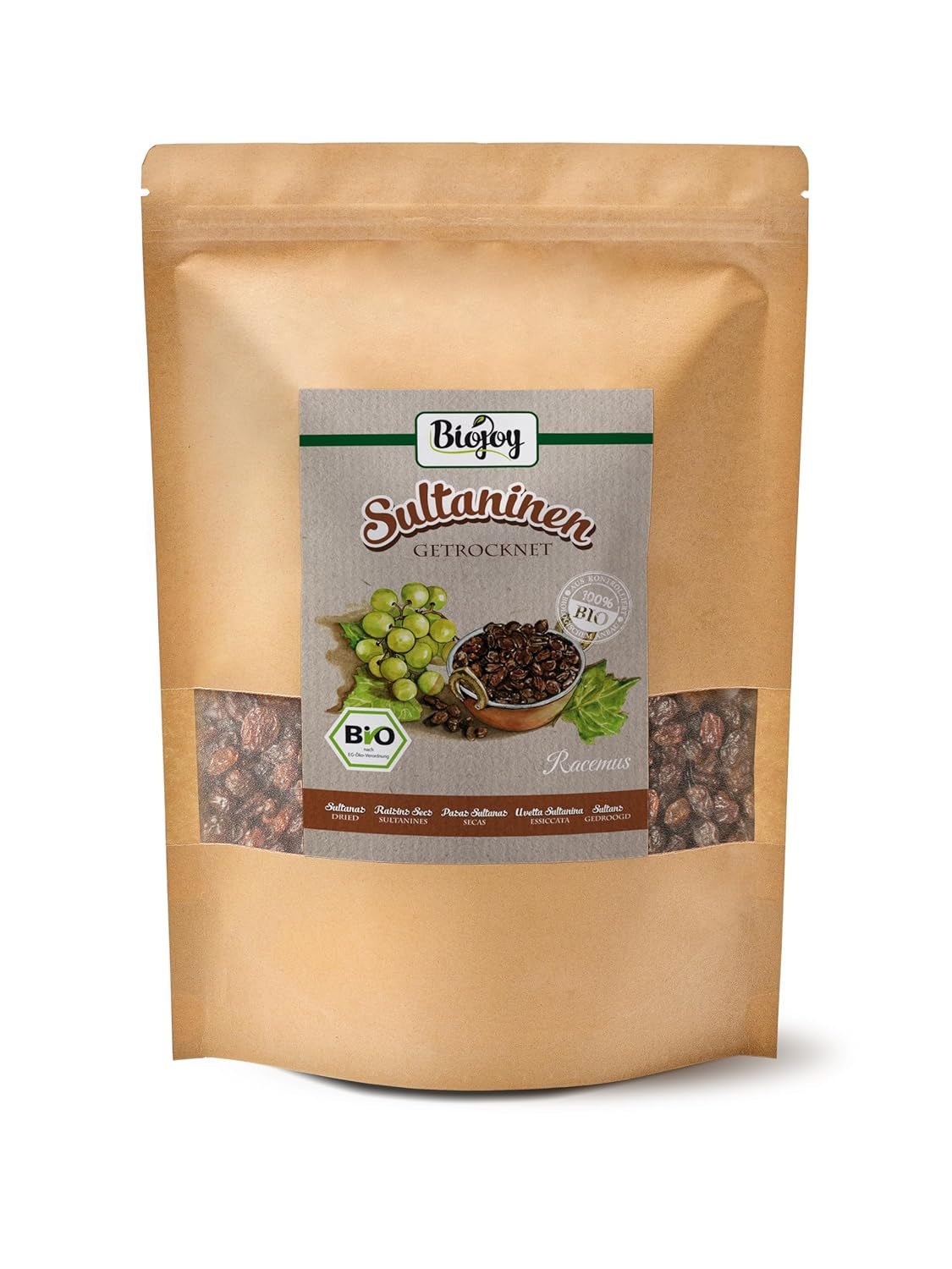Biojoy økologiske sultanas (500 g), tørrede og usvovlede Naty Shop dehydrerede produkter 1 kg (1 pakke)