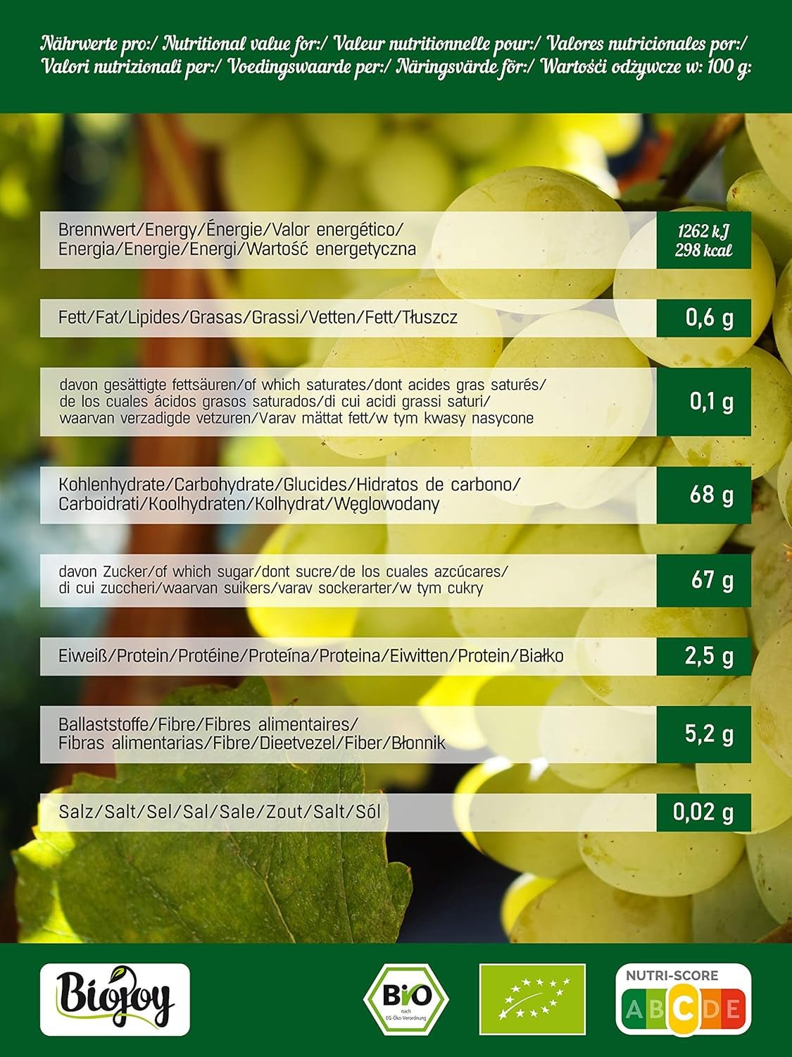 Biojoy økologiske sultanas (500 g), tørrede og usvovlede Naty Shop dehydrerede produkter