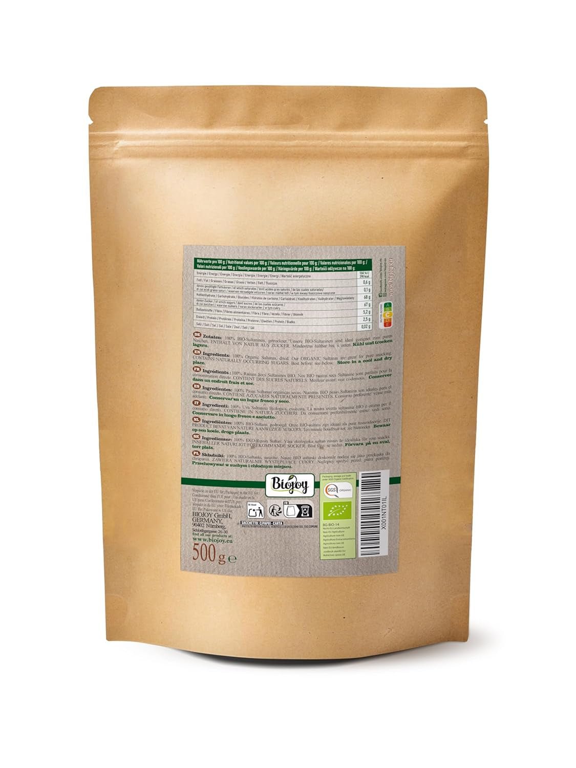 Biojoy økologiske sultanas (500 g), tørrede og usvovlede Naty Shop dehydrerede produkter