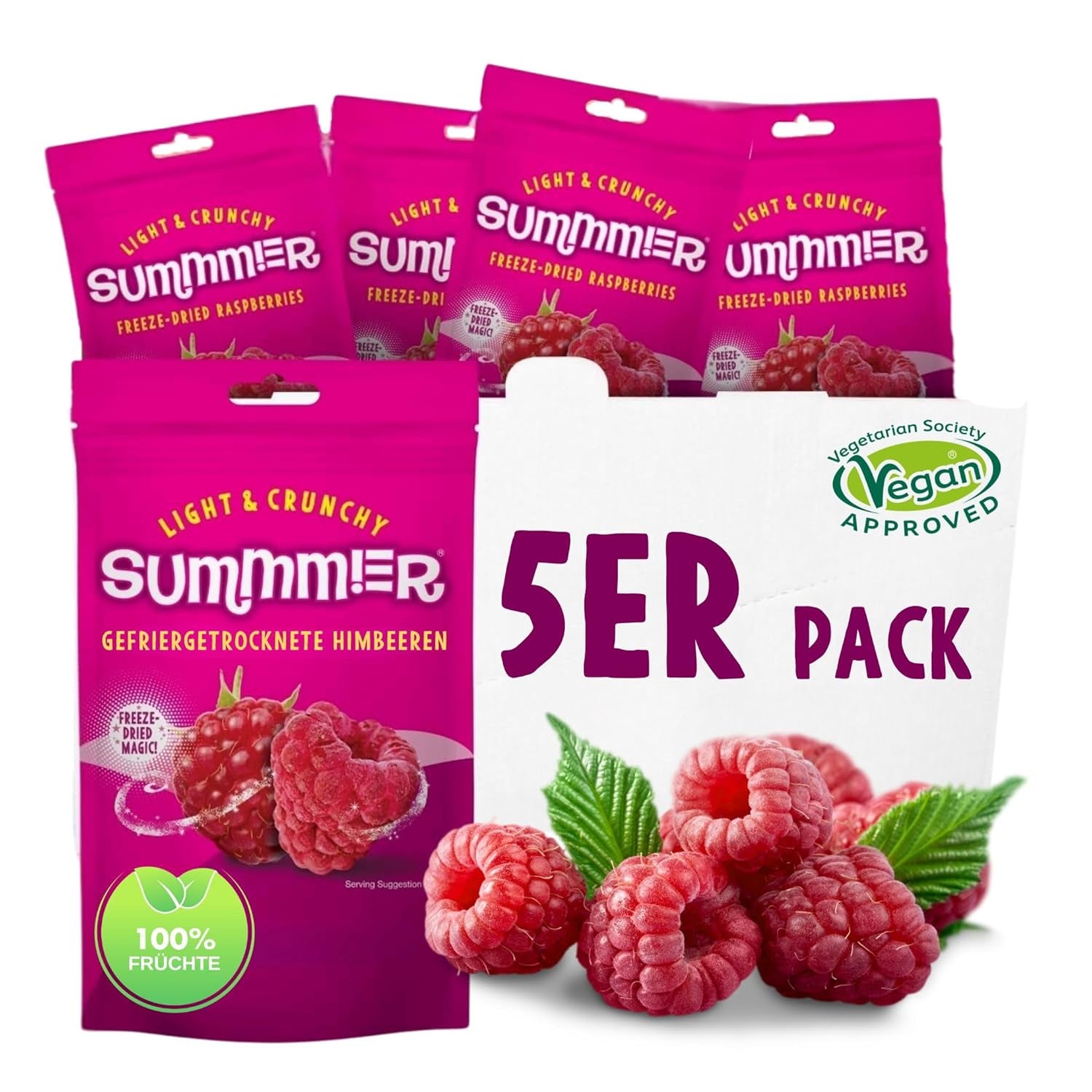 Summer Frysetørrede Jordbær - Pakke med 5 - Sukkerfri, 100 % naturlig, lækre sprøde snacks til børn og voksne, Ideel til korn og frokostkasser (55 g) Dehydrerede produkter Naty Shop Pakke med 5 hindbær