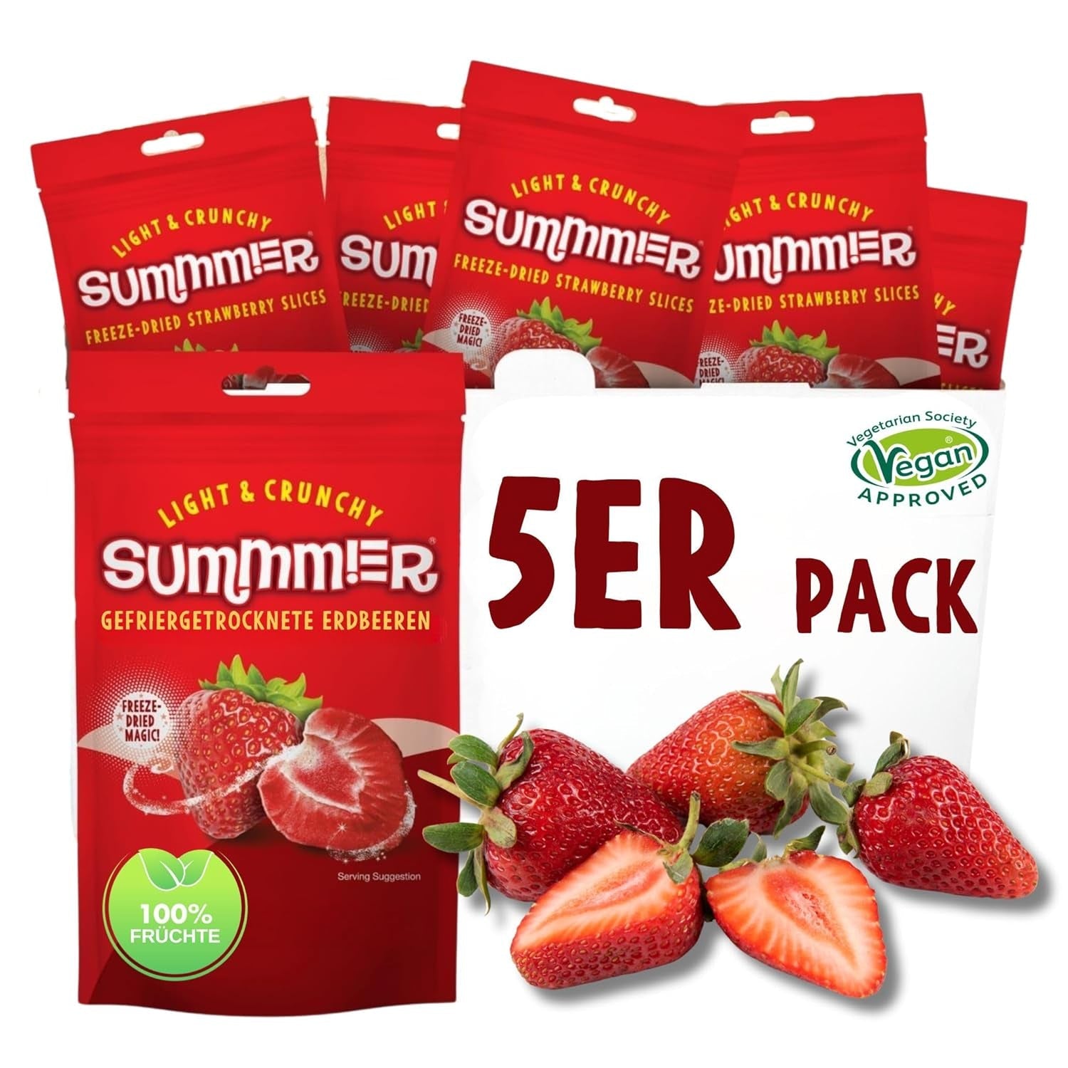 Sommer frysetørrede jordbær - pakke med 5 - sukkerfri, 100 % naturlige, lækre sprøde snacks til børn og voksne, ideel til korn og madpakker (55 g) Tørrede produkter Naty Shop Pakke med 5 jordbær