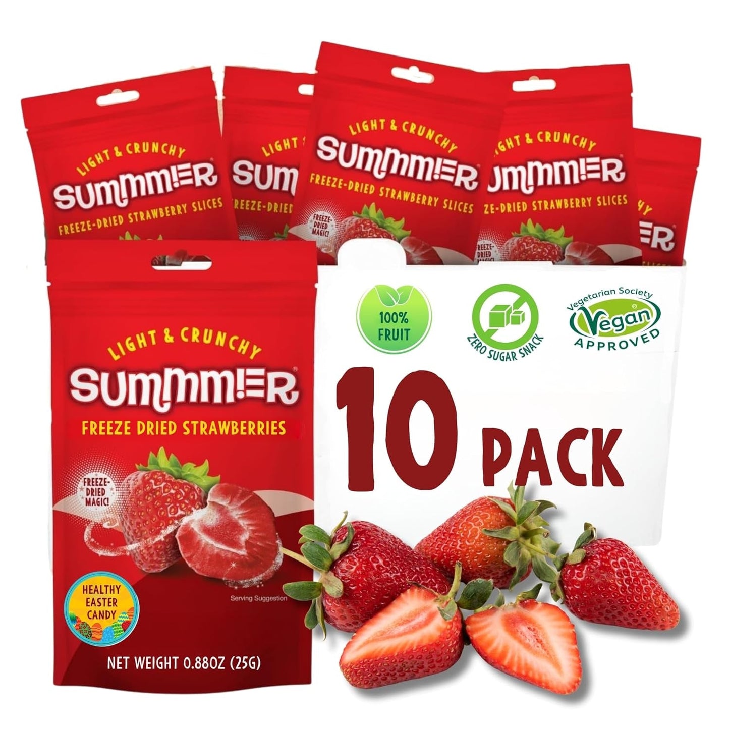 Sommer frysetørrede jordbær - pakke med 5 - sukkerfri, 100 % naturlige, lækre sprøde snacks til børn og voksne, ideel til korn og madpakker (55g) Dehydrerede produkter Naty Shop Pakke med 10 jordbær