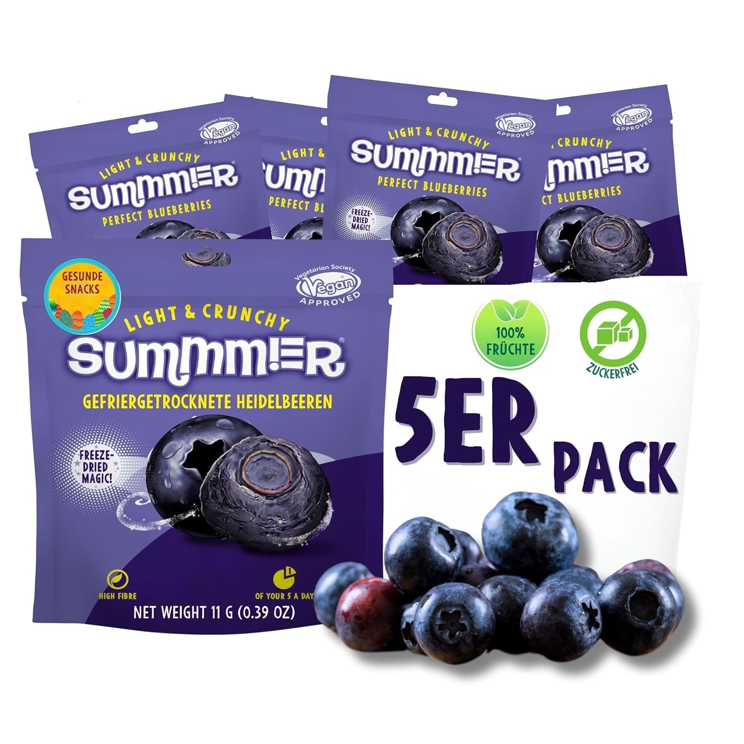 Sommer frysetørrede jordbær - pakke med 5 - sukkerfri, 100 % naturlige, lækre sprøde snacks til børn og voksne, ideel til korn og madpakker (55g) Dehydrerede produkter Naty Shop Pakke med 5 blåbær