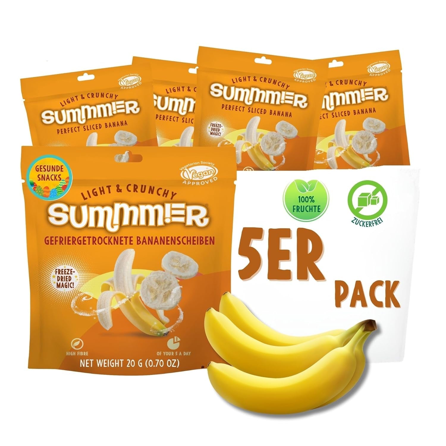 Sommer frysetørrede jordbær - pakke med 5 - sukkerfri, 100 % naturlige, lækre sprøde snacks til børn og voksne, ideel til korn og madpakker (55 g) Dehydrerede produkter Naty Shop Pakke med 5 bananer