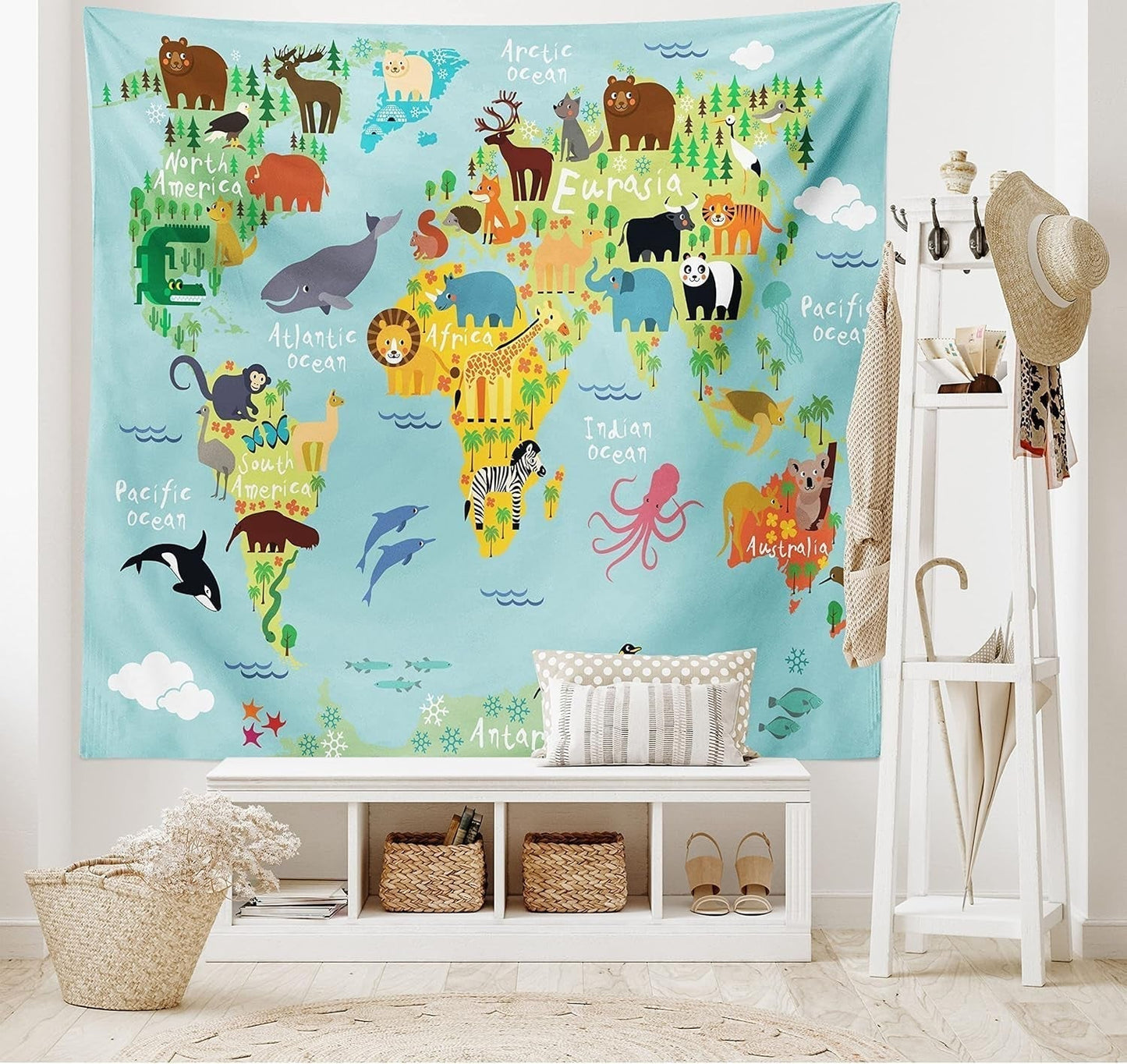 Tapestry abakuhaus wanderlust dyreverdenskort tegninger Hjem - Tilbehør og dekorationer Naty Shop Lyseblå Gul-grøn 150L X 110B Cm