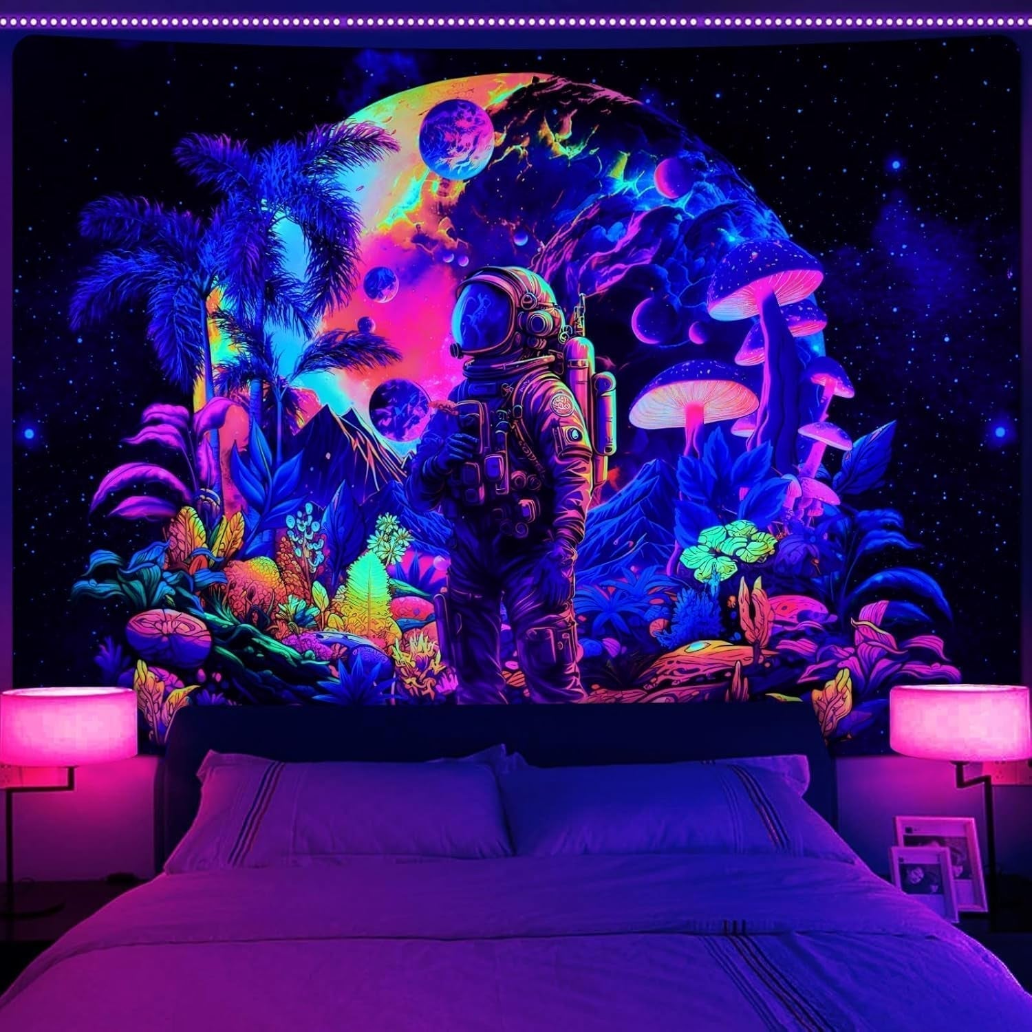 Tapestry alishomtll sort lys astronaut svamp fluorescerende botanisk Hjem - Tilbehør og dekorationer Naty Shop Multi 210L X 150B Cm