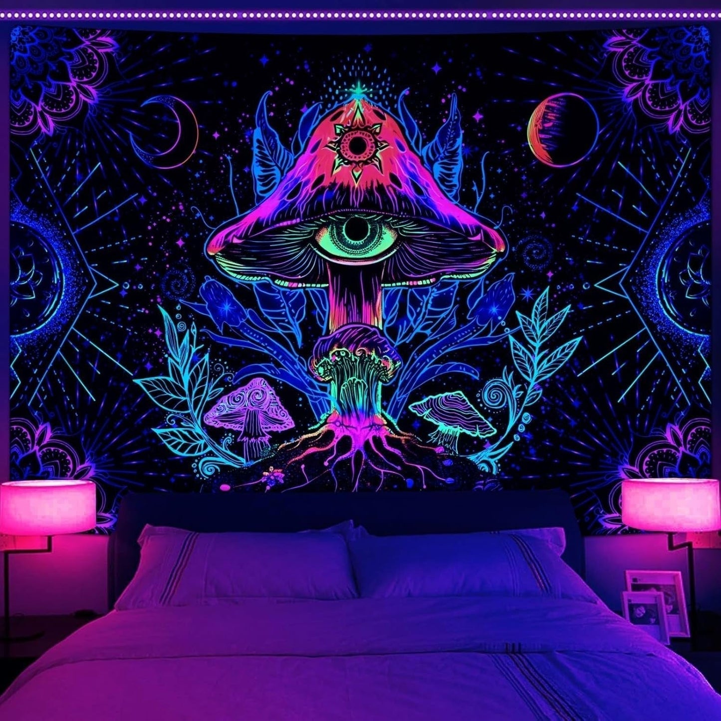 Tapestry alishomtll fluorescerende svamp sort lys mandala Hjem - Tilbehør og dekorationer Naty Shop Multi 150L X 130B Cm
