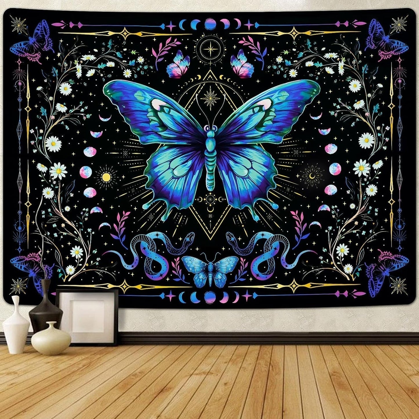 Gobelin alishomtll sommerfugl månefase blomstret tusindfryd sort Hjem - Tilbehør og dekorationer Naty Shop Multi 210L X 150B Cm