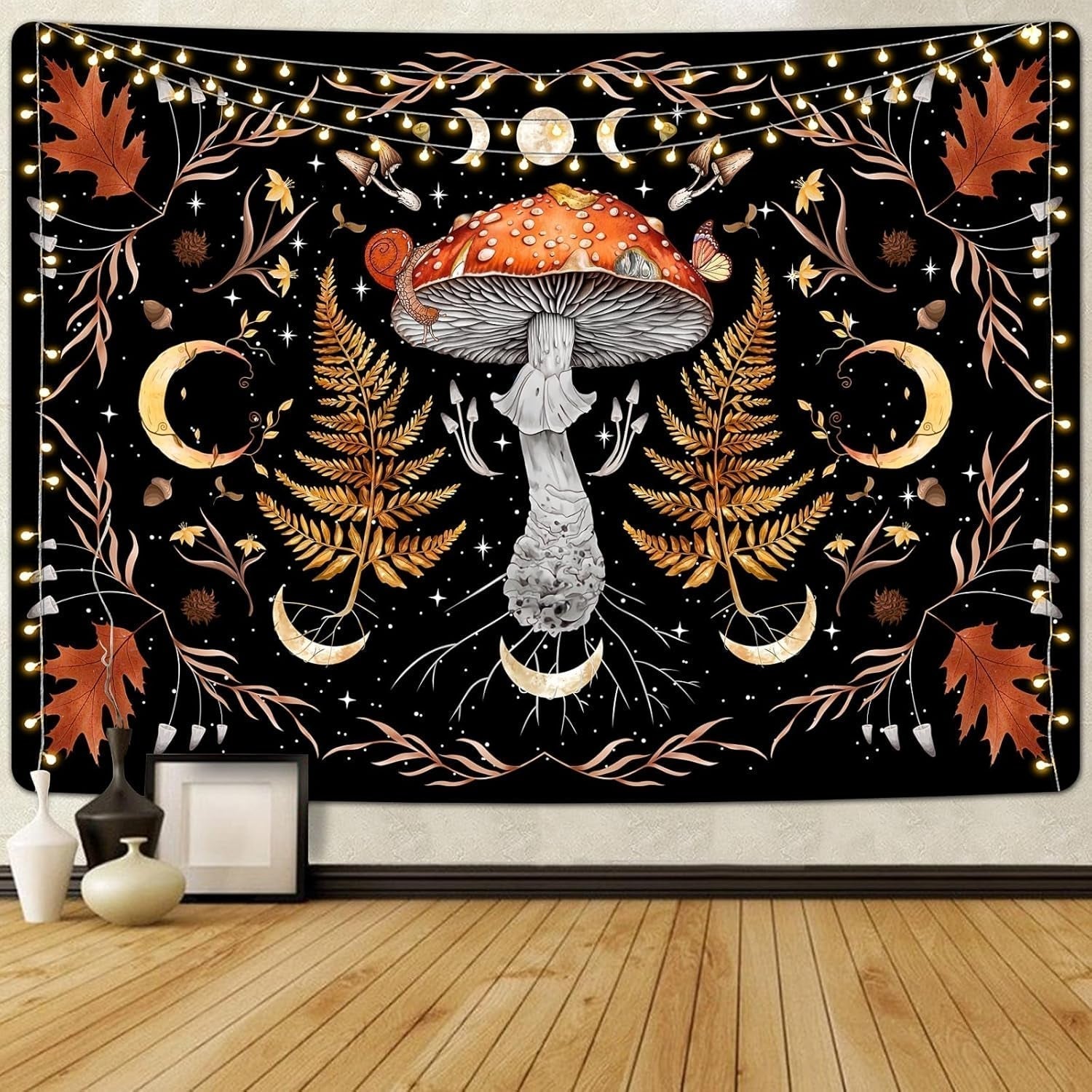 Tapestry alishomtll vintage champignon måne ahornblad botanisk Hjem - Tilbehør og dekorationer Naty Shop Multi 150L X 130B Cm