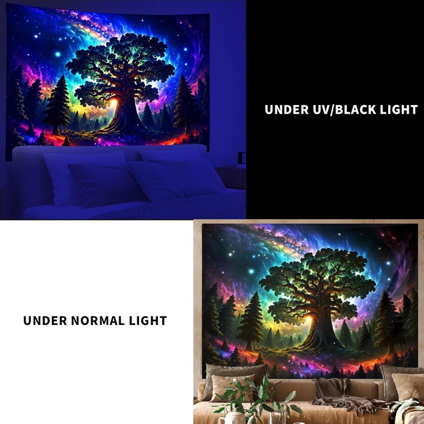 Tapestry blacklight skov psykedelisk natur træ stjerner galakse Hjem - Tilbehør og dekorationer Naty Shop