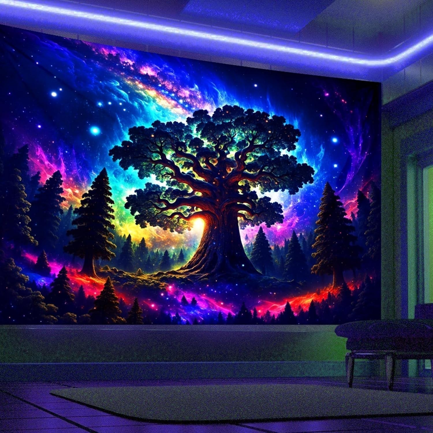 Tapestry blacklight skov psykedelisk natur træ stjerner galakse Hjem - Tilbehør og dekorationer Naty Shop 200L X 150B Cm