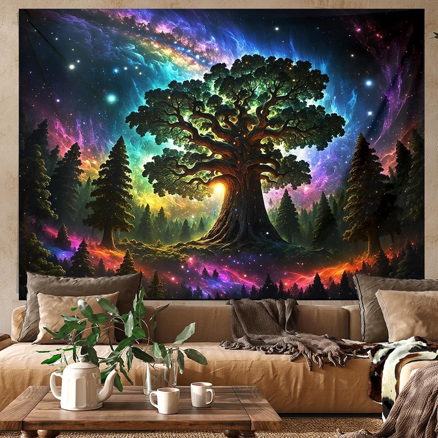 Tapestry blacklight skov psykedelisk natur træ stjerner galakse Hjem - Tilbehør og dekorationer Naty Shop 300L X 180B Cm