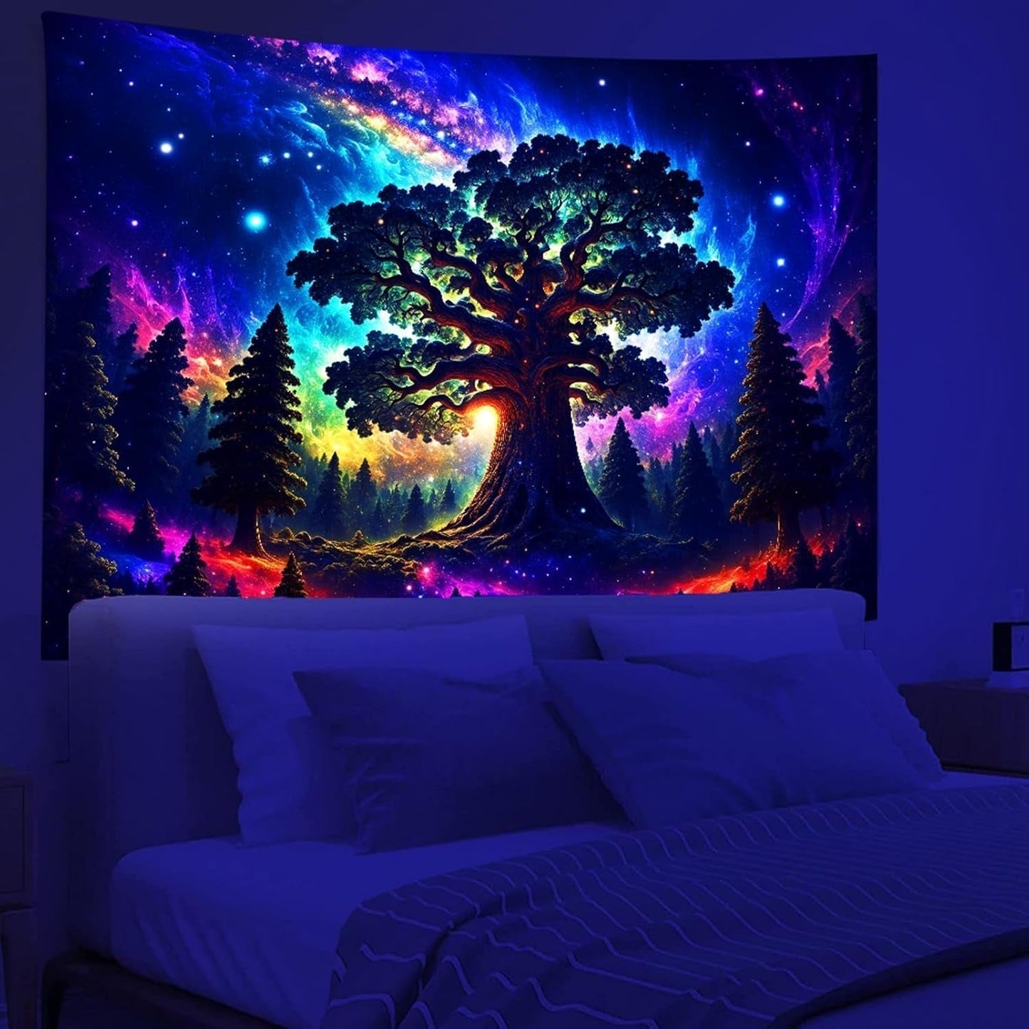 Tapestry blacklight skov psykedelisk natur træ stjerner galakse Hjem - Tilbehør og dekorationer Naty Shop
