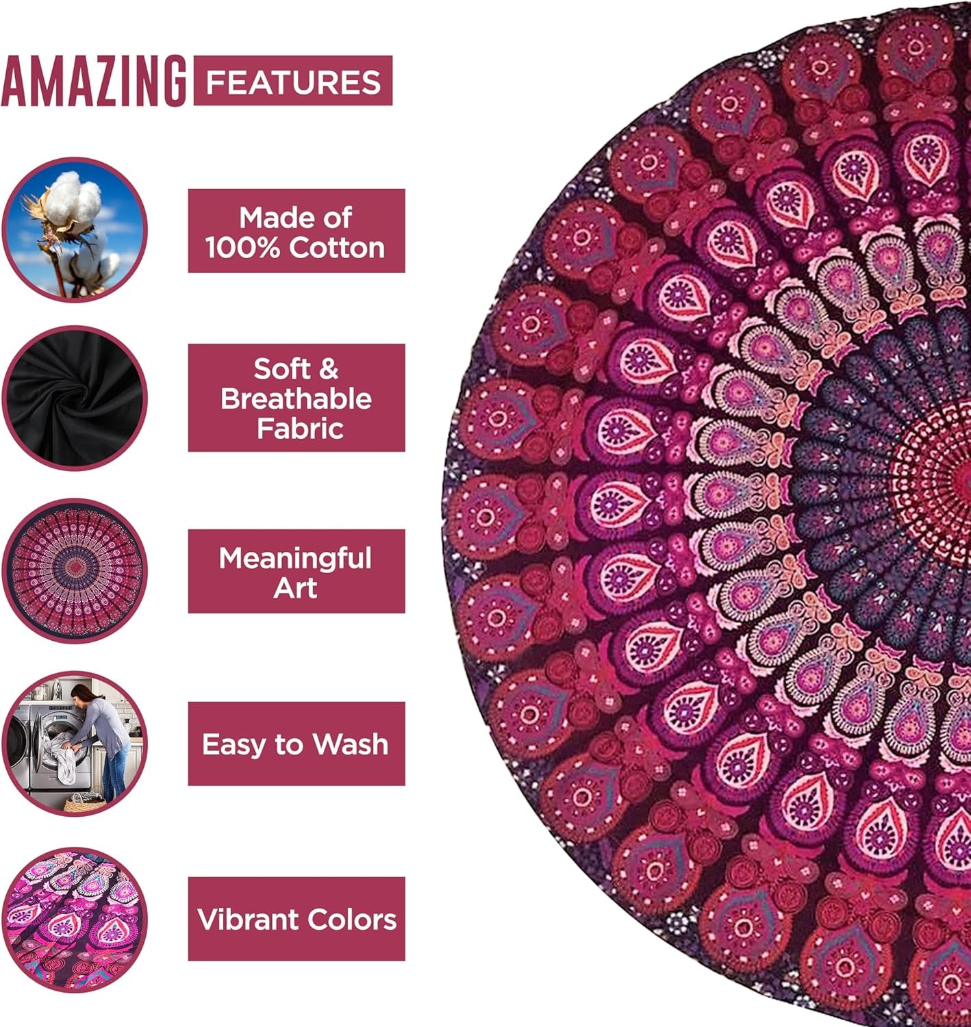 Indien gobelin strandhåndklæde rund mandala hippie violet Hjem - Tilbehør og dekorationer Naty Shop