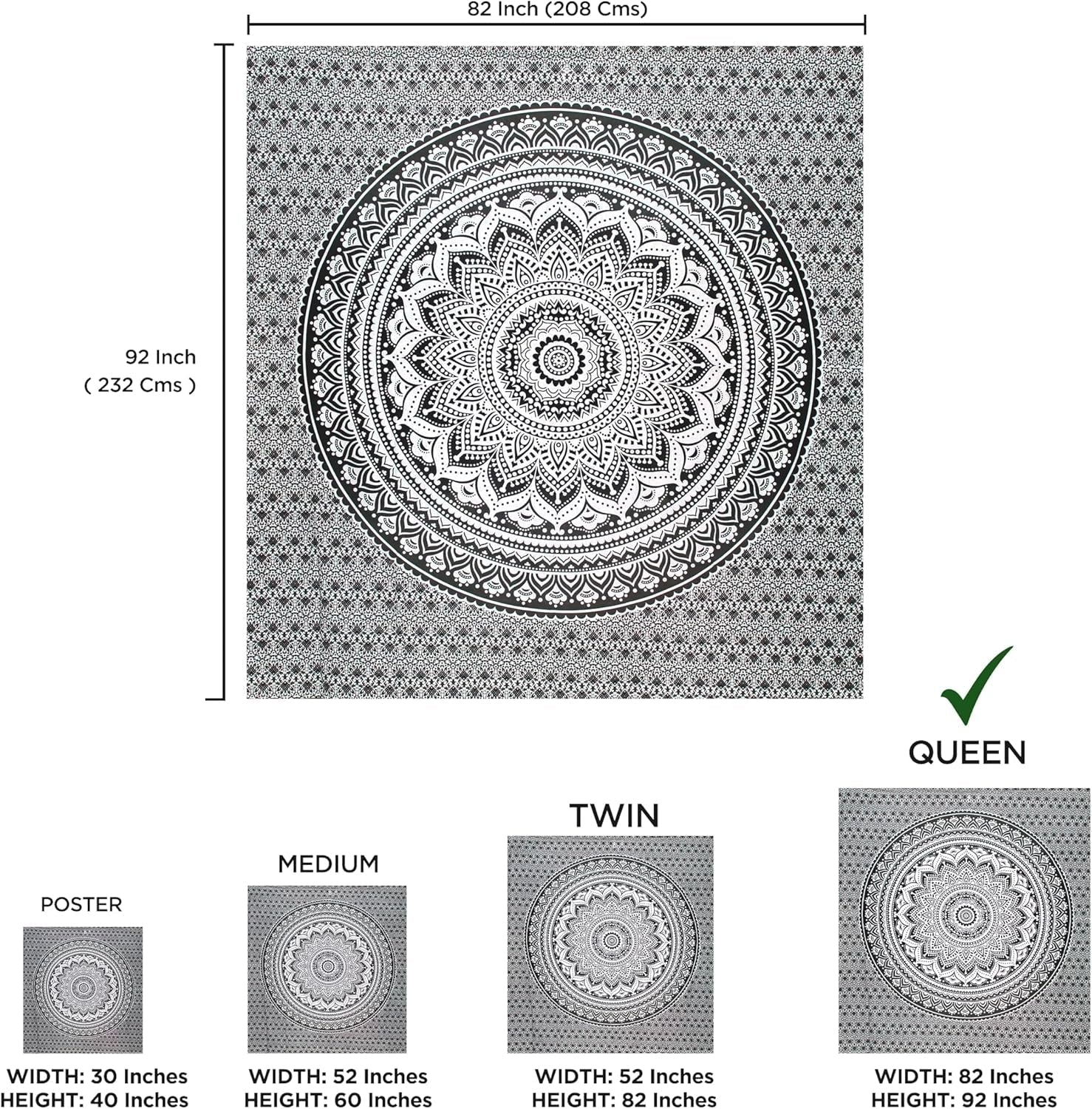 Indisk gobelin psykedelisk mandala sort hvid Indien Home - Tilbehør og dekorationer Naty Shop