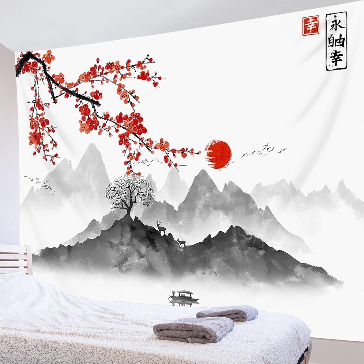 Japansk gobelin lærred røde kirsebærblomster solvæg Hjem - Tilbehør og dekorationer Naty Shop