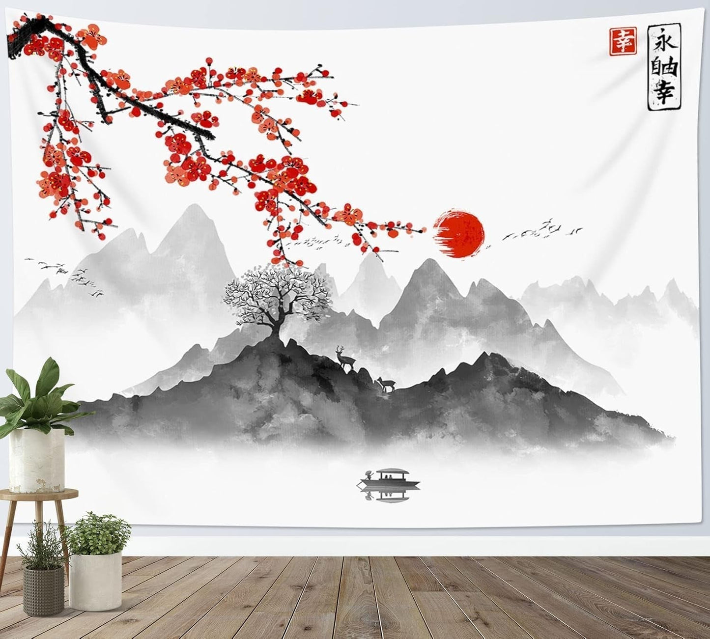 Japansk gobelin panza røde kirsebærblomster solvæg Hjem - Tilbehør og dekorationer Naty Shop Multi 01 200L X 150B Cm