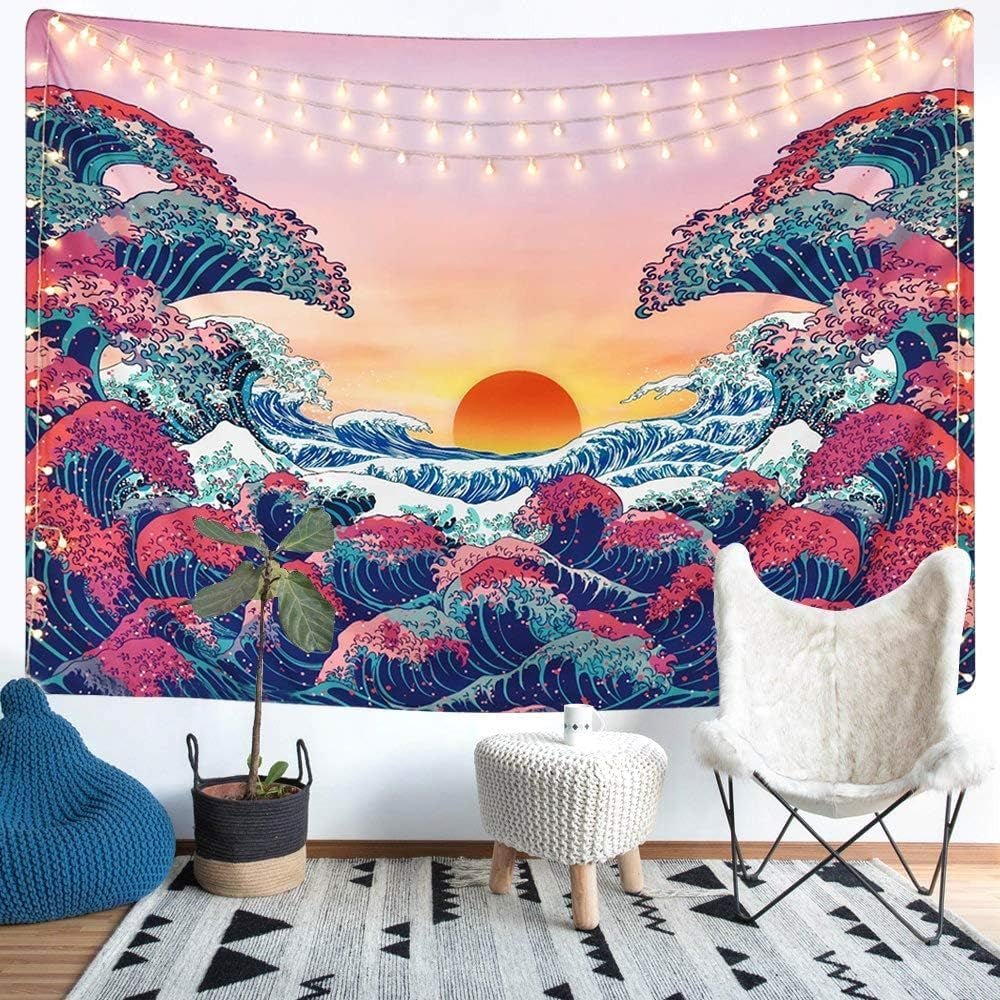 Tapestry lomohoo abstrakt skitse kunst sort hvid kysser Hjem - Tilbehør og dekorationer Naty Shop Ocean Wave Orange 150L X 130B Cm