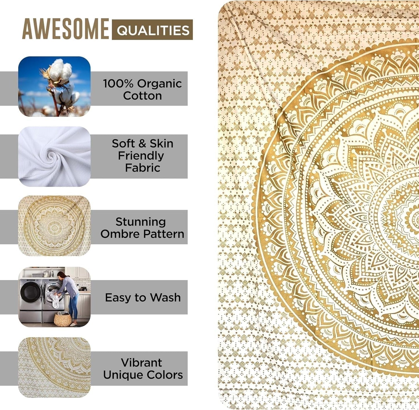 Mandala gobelin værelse dekoration æstetisk guld hvidt lærred Hjem - Tilbehør og dekorationer Naty Shop