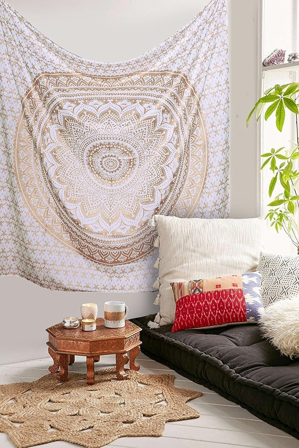 Mandala gobelin værelse dekoration æstetisk guld hvidt lærred Hjem - Tilbehør og dekorationer Naty Shop