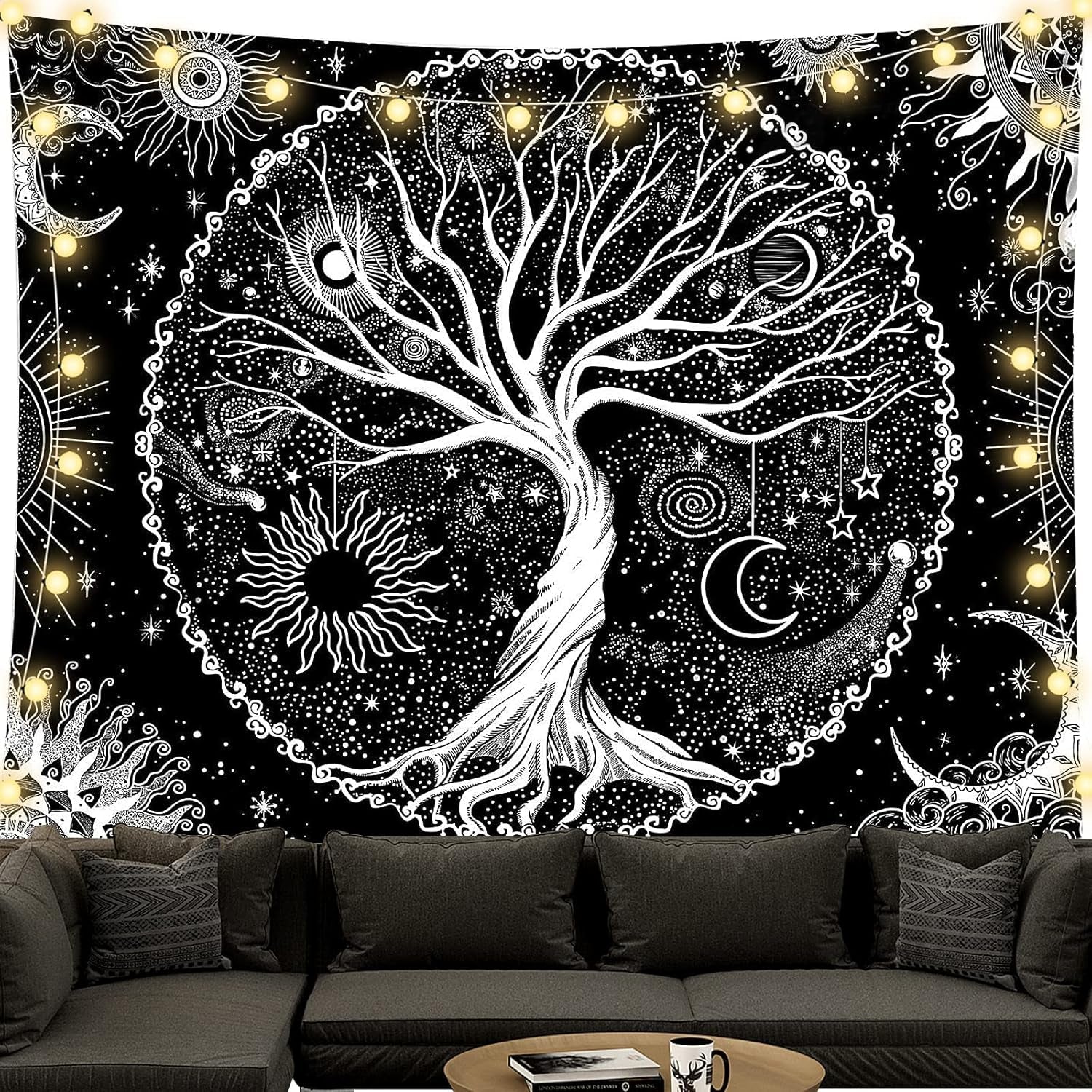 Tapestry sort og hvid livets træ gobelin månefaser Hjem - Tilbehør og dekorationer Naty Shop Livets træ 200L X 150B Cm