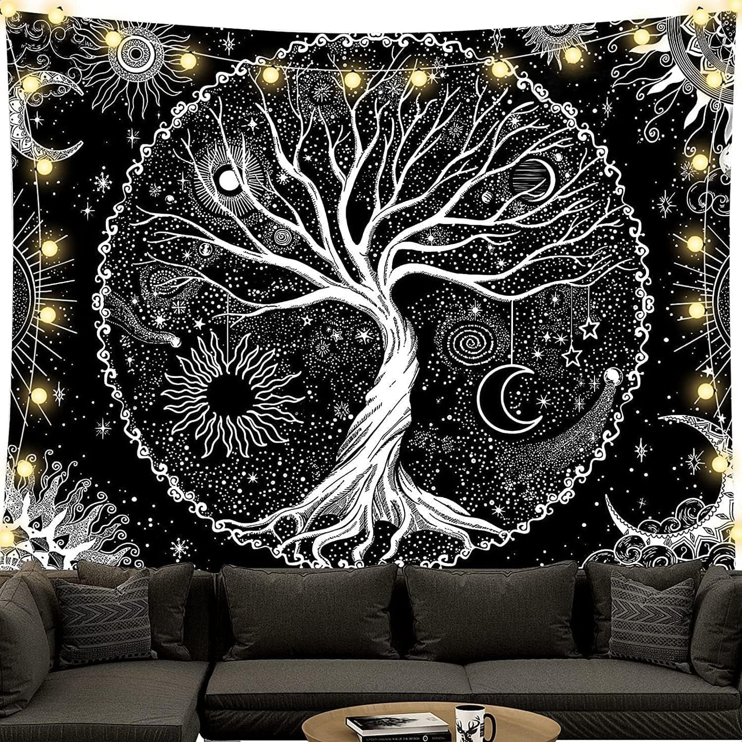 Tapestry sort og hvid livets træ gobelin månefaser Hjem - Tilbehør og dekorationer Naty Shop Livets træ 150L X 130B Cm