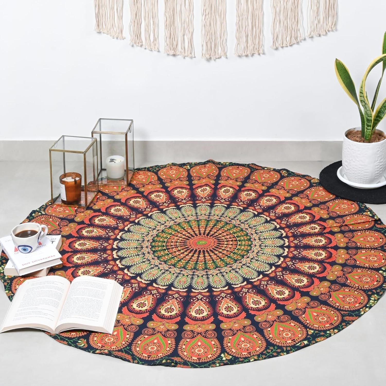 Rund gobelin påfugl mandala centimeter rund hippie ansigt Hjem - Tilbehør og dekorationer Naty Shop Goldgreen 121.9L X 121.9B Cm