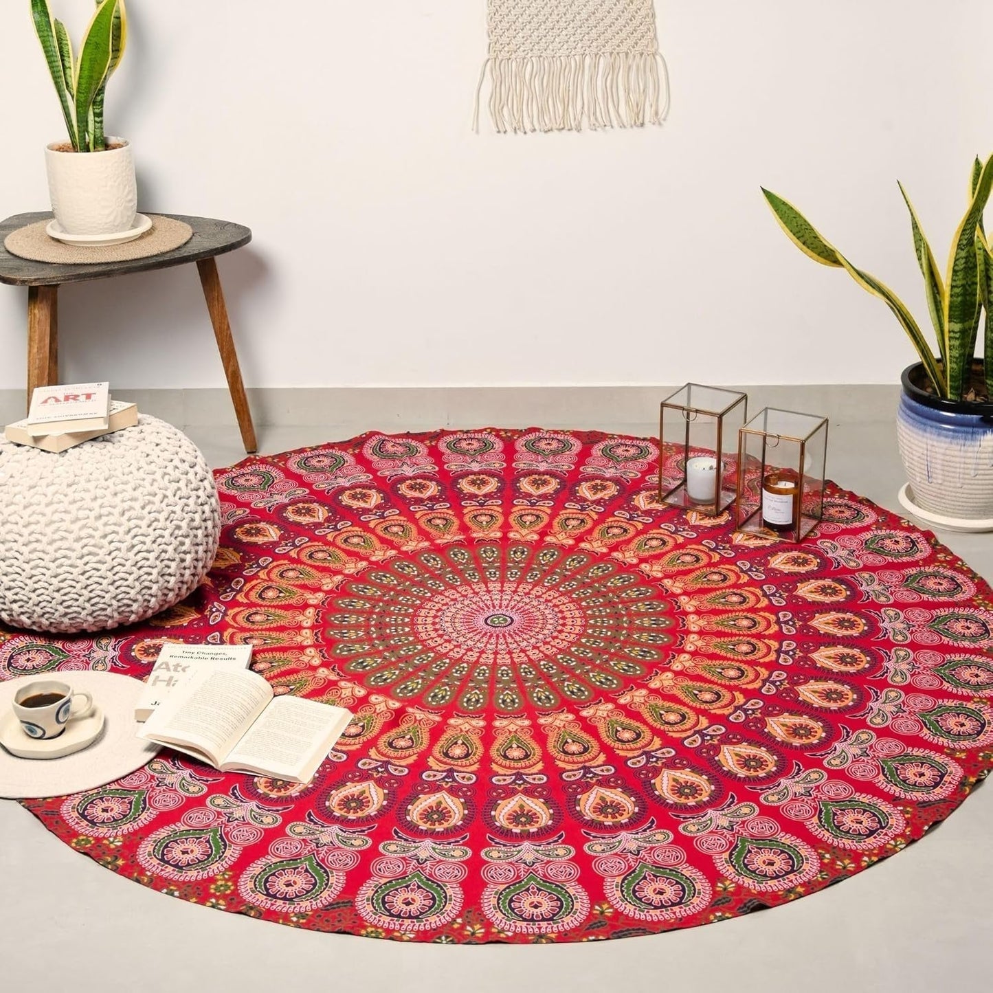 Rund gobelin påfugl mandala centimeter rund hippie pige Casa - Tilbehør og dekorationer Naty Shop Gylden rød D-72"
