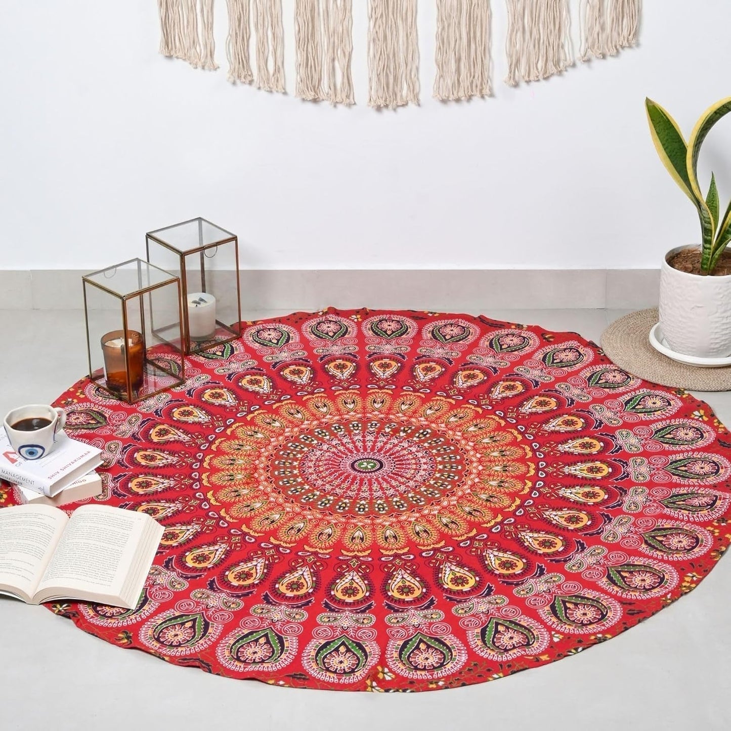 Rund gobelin påfugl mandala centimeter rund hippie pige Casa - Tilbehør og dekorationer Naty Shop Gylden rød D-48"