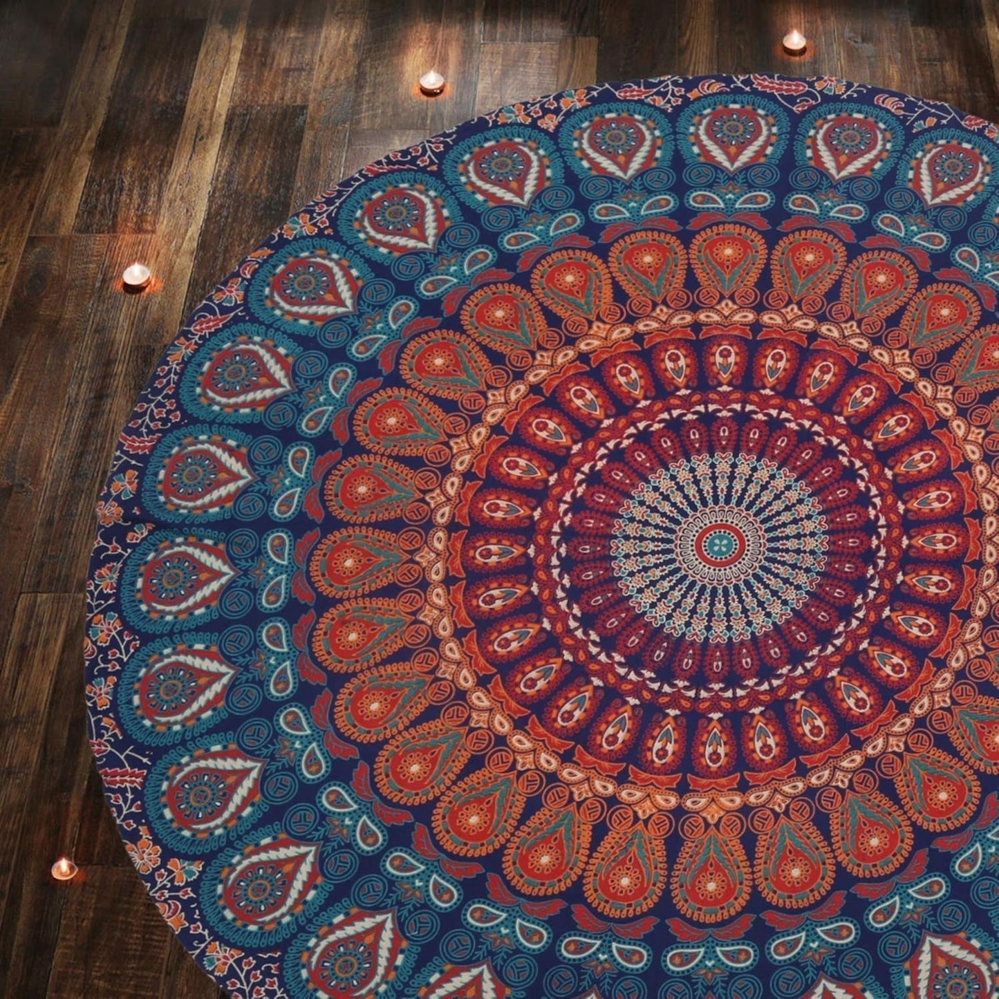 Rund gobelin påfugl mandala centimeter rund hippie ansigt Hjem - Tilbehør og dekorationer Naty Shop Gylden blå 122L X 122B Cm