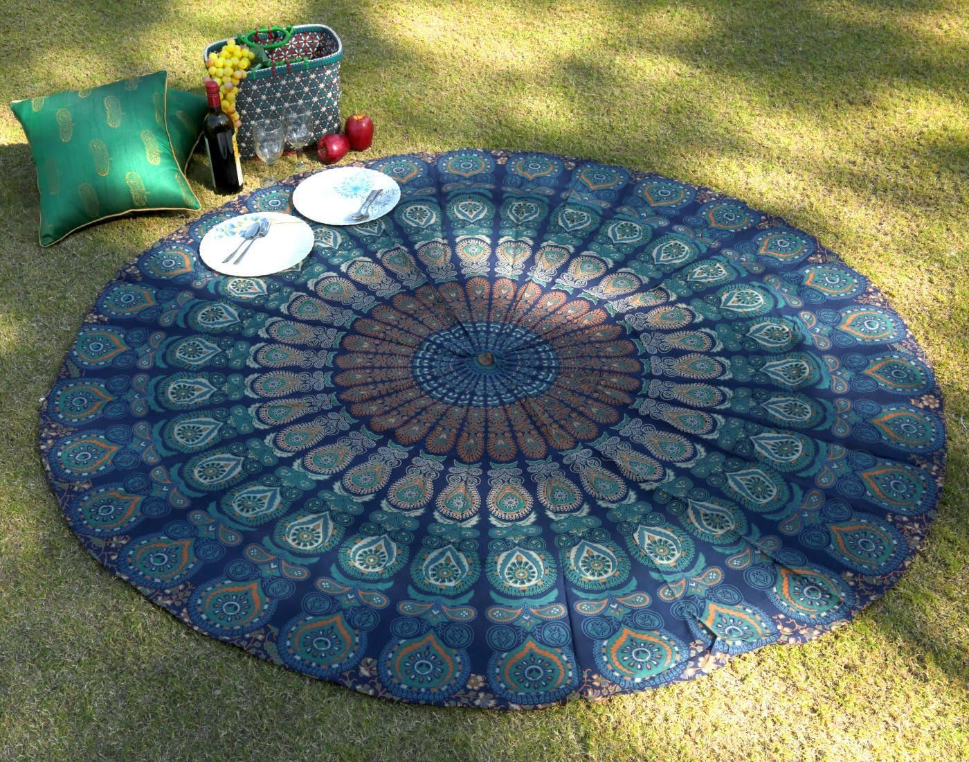 Rund gobelin påfugl mandala centimeter rund hippie ansigt Hjem - Tilbehør og dekorationer Naty Shop Blågrøn 122L X 122B Cm