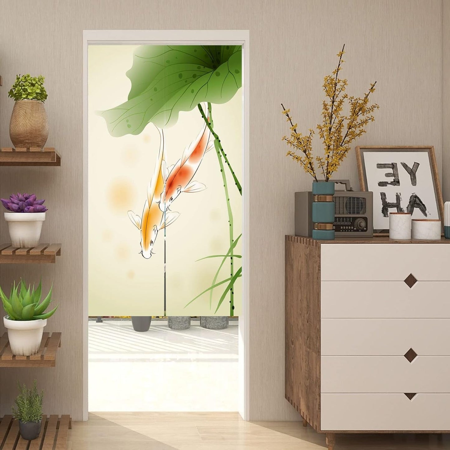 Japansk stil gobelin, tykt norenlinned, langt lotushus - Tilbehør og dekorationer Naty Shop